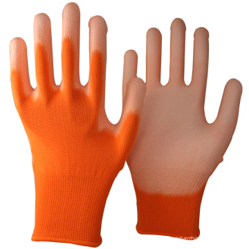 NMSAFETY 13 Gauge strickte orange Polyester-Zwischenlage überzogenes weißes PU auf Palmenhandschuhen für helle Industrie